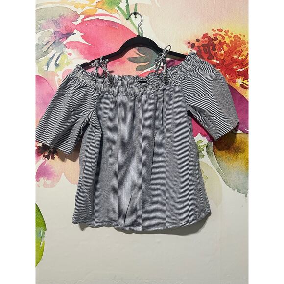 Tacera Tops - Tacera - Off the Shoulder or Boat Neck Shirt - Size M - Blue and White Strips